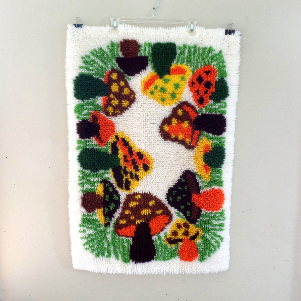Vintage Handmade Latch Hook Rug / Wall Hanging, 24x35 inch, 70s Mushroom Forest